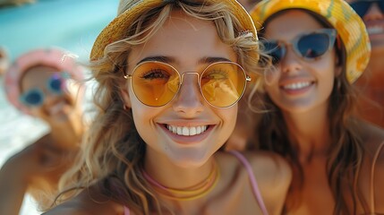 Friends taking selfies together on the beach, capturing their happy expressions against a sunny backdrop 