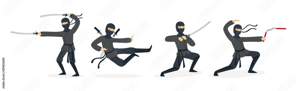 Poster man ninja character with face cover and weapon vector set