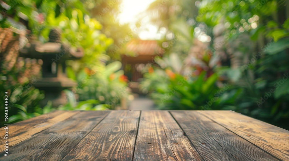 Aufkleber a wooden tabletop sits in the foreground of a lush, green garden. sunlight peeks through the leaves,