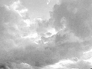White fluffy clouds in the deep blue sky. Heaven background. Hand drawn pencil sketch illustration