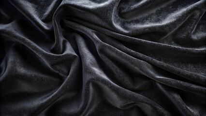 Black satin and silk fabric with smooth, shiny texture on a black background