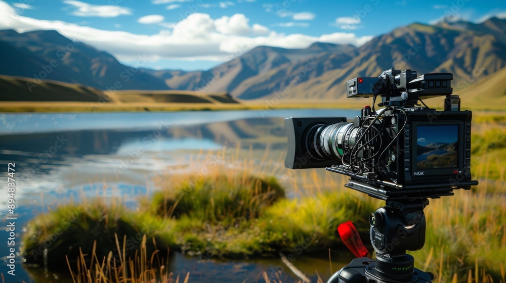 Poster a professional camera is set up on a tripod, capturing a scenic view of a mountain lake and surround