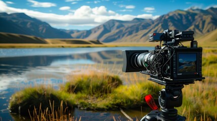A professional camera is set up on a tripod, capturing a scenic view of a mountain lake and surrounding landscape.