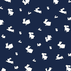 Mid Autumn festival bunny pattern poster, greeting card. Bunny pattern with gold gradient stroke on a navy blue background. Moon festival.