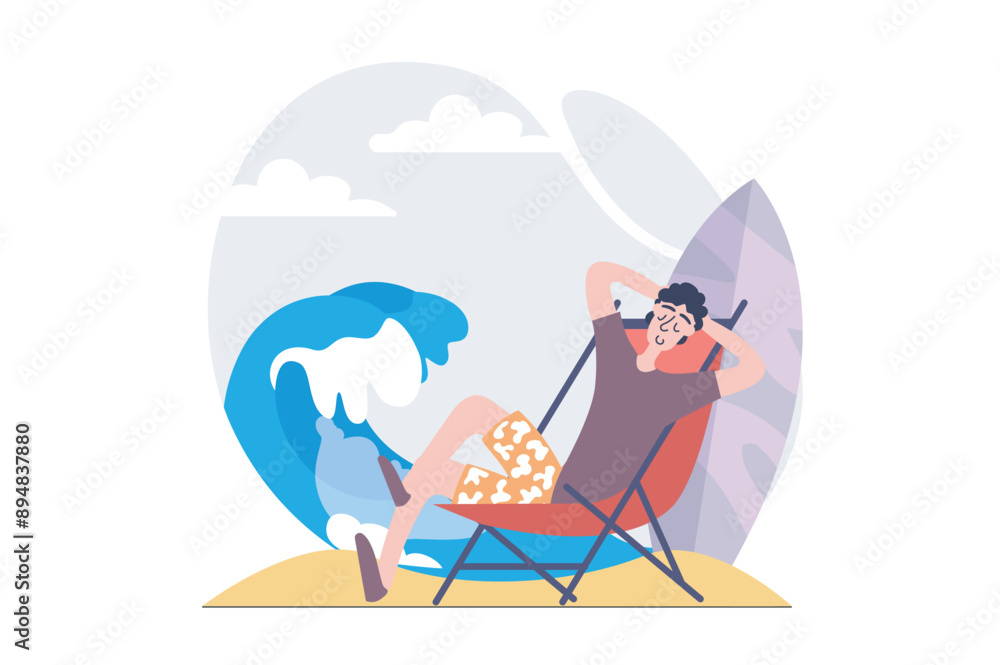 Poster summertime concept in modern flat design for web. man surfer relaxing at ocean beach and surfing in 