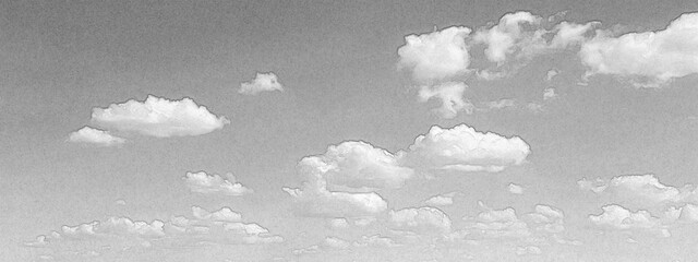 White fluffy clouds flying in blue summer sky. Hand drawn pencil sketch illustration