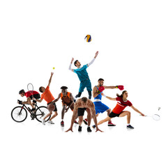 Dynamic collage. Athletes in various sports cycling, tennis, basketball, volleyball, boxing, and...
