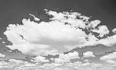 Heavy white clouds background. Hand drawn pencil sketch illustration