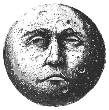 PNG  Moon face detailed vintage illustration