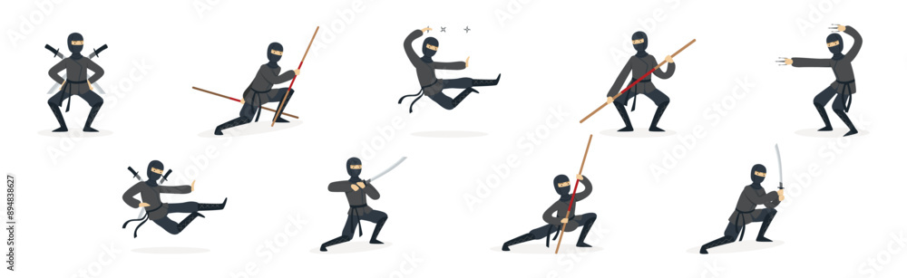 Poster man ninja character with face cover and weapon vector set
