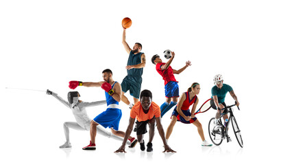 Dynamic collage. Athletes in various sports fencing, boxing, basketball, soccer, track, tennis, and...