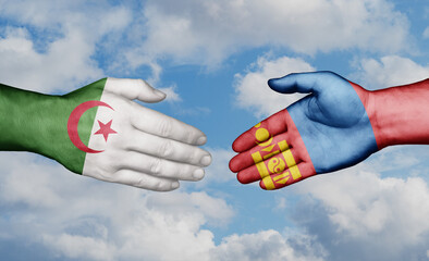 Mongolia and Algeria country handshaking with flags, consensus concept international co-operation illustration