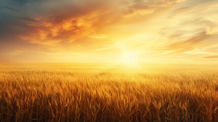 Obraz premium Golden wheat field under a vibrant sunrise, showcasing nature's beauty and tranquility in a serene landscape.