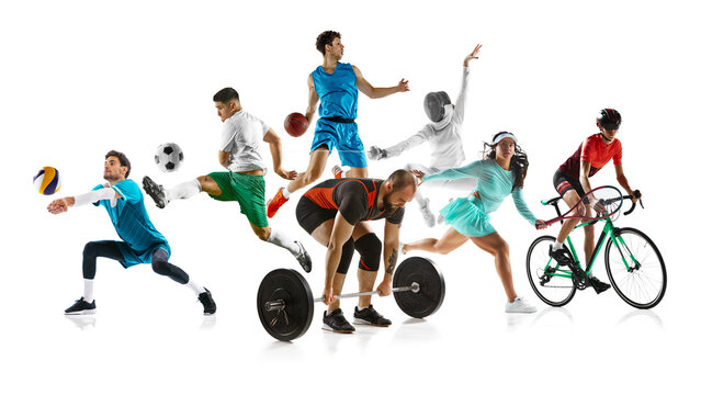 Dynamic collage. Athletes performing various sports volleyball, soccer, basketball, weightlifting, fencing, tennis, and cycling against white studio background. Concept of kinds of sport. Ad