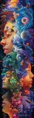 Illustrate a mesmerizing scene of various communities intertwining like intricate puzzle pieces, each representing a unique aspect of a collective consciousness Use vibrant colors and patterns to high