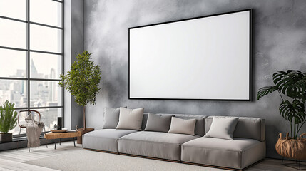 Empty frame for inserting advertising text Above the sofa, wooden table and sofa in the living room, hall, modern spacious office. 3D rendering.