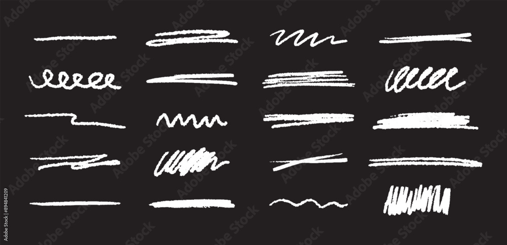 Poster doodle brush underlines set. black line sketches with pen marks. hand drawn vector elements on black