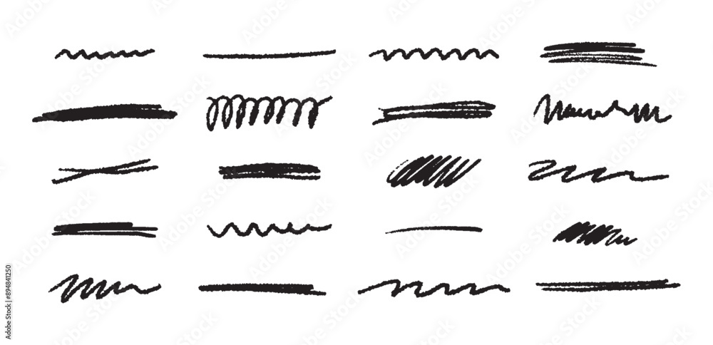 Poster Doodle brush underlines set. Black line sketches with pen marks. Hand drawn vector elements on white background.