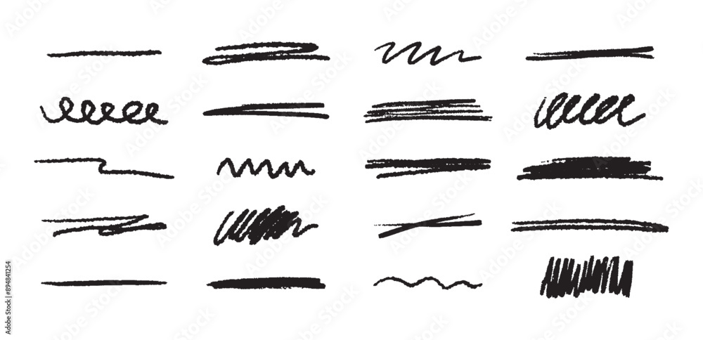 Poster doodle brush underlines set. black line sketches with pen marks. hand drawn vector elements on white