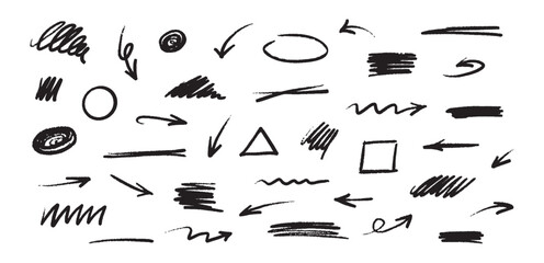 Doodle brush simple elements set. Black lines sketches, underlines, shapes for design with pen marks. Hand drawn vector elements on white background.