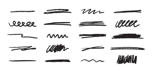 Doodle brush underlines set. Black line sketches with pen marks. Hand drawn vector elements on white background.