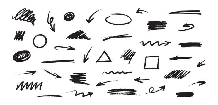 Doodle brush simple elements set. Black lines sketches, underlines, shapes for design with pen marks. Hand drawn vector elements on white background.