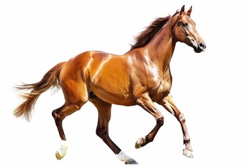 Obraz premium Majestic Chestnut Horse Galloping: A powerful and graceful chestnut horse with a flowing mane and tail is captured mid-gallop, showcasing its athleticism and elegance against a white background. The h