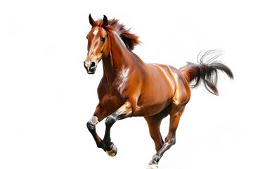 Obraz premium Galloping Glory: A chestnut horse in full stride, mane and tail flowing, against a pure white background. 