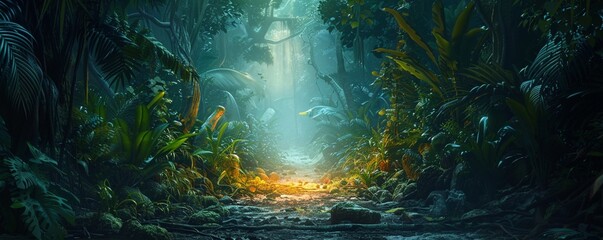 Fototapeta premium Bring the thrill of adventure to life with a captivating design showcasing a frontal view of a mysterious treasure hunt scene Ensure the image evokes curiosity and excitement, inviting viewers to emba