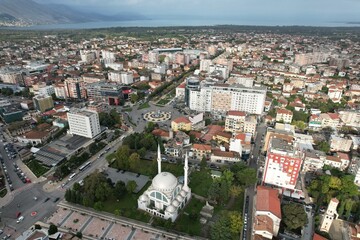 Skadar historical city with surrounding mountains and Skadar lake,Shkoder,Albania,Balkan,Europe,aerial panorama landscape view, cityscape