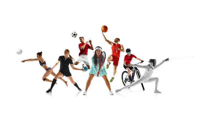 Energetic collage. Athletes in various activities. Each person is dynamically captured mid-action against white studio background. Concept of team and individual kinds of sport, start and finish. Ad