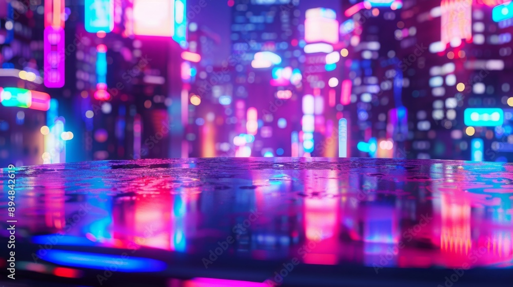 Poster a wet surface reflects the bright neon lights of a city at night, creating a colorful and vibrant sc