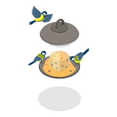 3D Isometric Flat Vector Set of Bird Feeders, Backyard Birdhouse with Seeds. Item 3
