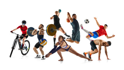 Energetic collage. Athletes in various dynamic poses, highlighting their strength, agility, and energy against white studio background. Concept of team and individual kinds of sport, start and finish.