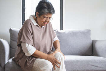 Body arthritis muscles stiff problem, aged woman suffering on leg, pain knee from disease chronic,...