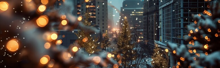 Obraz premium Night urban landscape with bright New Year lights sparkling on buildings and trees