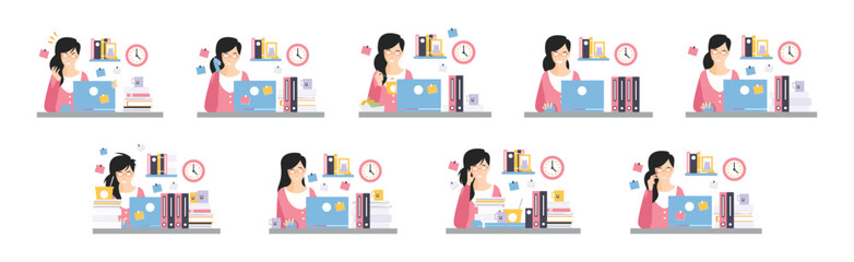 Woman Office Clerk and Employee at Desk with Laptop Vector Set