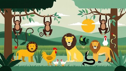 Unique digital illustration of the forest atmosphere with animals