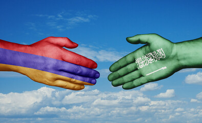 Armenia and Saudi Arabia country handshaking with flags, consensus concept international co-operation illustration