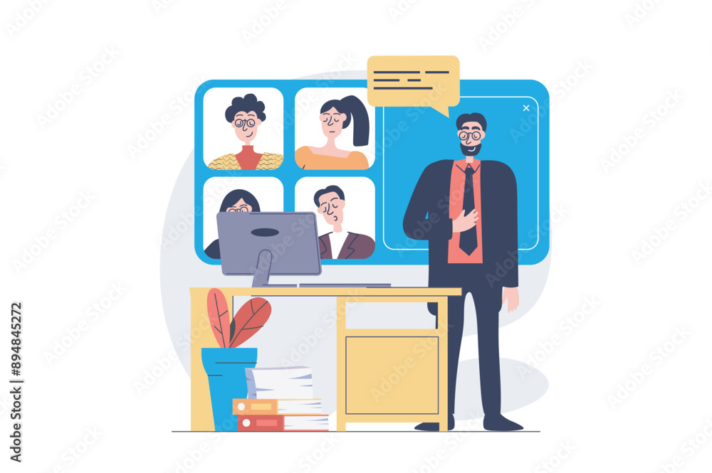 Leinwandbilder video conference concept in modern flat design for web. man briefing colleagues and connecting by zo