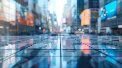 A close-up view of a city street pavement reflecting the blurred lights and colors of surrounding buildings.