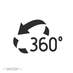icon of 360 degree rotate, full arrow circle, 3d view, overview turn, virtual reality, flat vector illustration