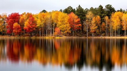 Vibrant autumn trees reflect beautifully on a calm lake, showcasing nature's stunning fall colors and peaceful scenery.