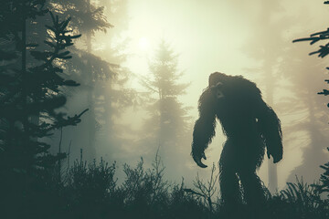 Bigfoot in the woods, hairy creature mysterious sasquatch silhouette in the mist