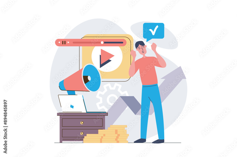 Poster Video marketing concept in modern flat design for web. Man creating advertising video content, posting in online blog, making audience analytics with arrow growth statistics. Vector illustration.