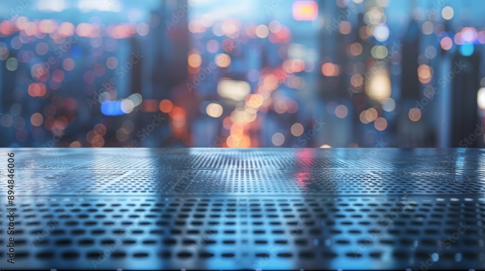 Aufkleber A metal platform with a patterned surface sits in front of a blurry cityscape with twinkling lights.