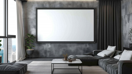 Empty frame for inserting advertising text Above the sofa, wooden table and sofa in the living room, hall, modern spacious office. 3D rendering.