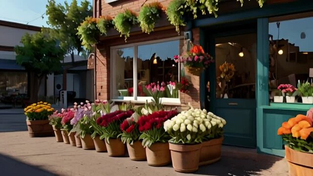 View of a flower shop on the side of the highway with rows of colorful flowers
