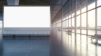 Mockup poster frame of departure lounge at airport, empty horizontal billboard and airplane on destination background, advertising art concept, 3d rendering