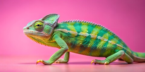 Obraz premium Chameleon full body frame within shot colorful aligned right pink background AI-Generated Content